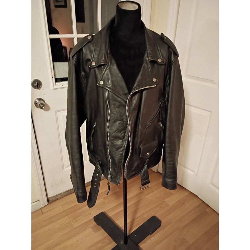 Vintage Sz 46 First Manufacturing Black Leather Motorcycle Riding Jacket w Glove